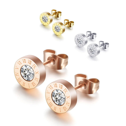 Elegant titanium steel earrings with Roman numeral design and diamond studs
