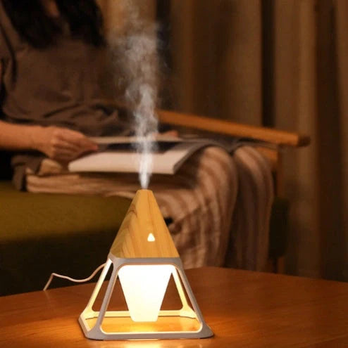 Portable USB air humidifier with night light in white, marble, and wood grain finishes