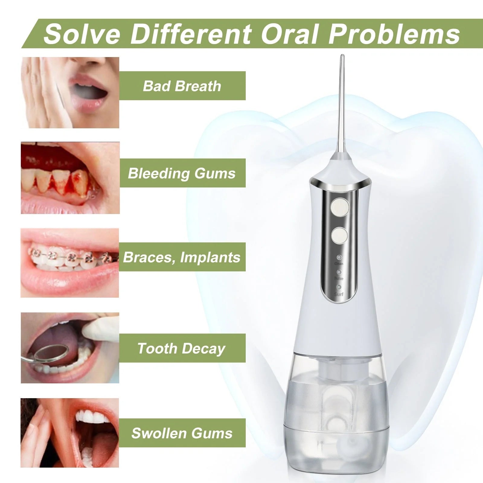 USB rechargeable oral irrigator with 3 cleaning modes and 350ml water tank