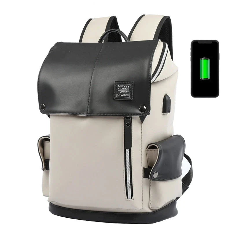 Premium PU leather backpack in black and white colours, featuring a spacious main compartment and multiple pockets for excellent organisation.