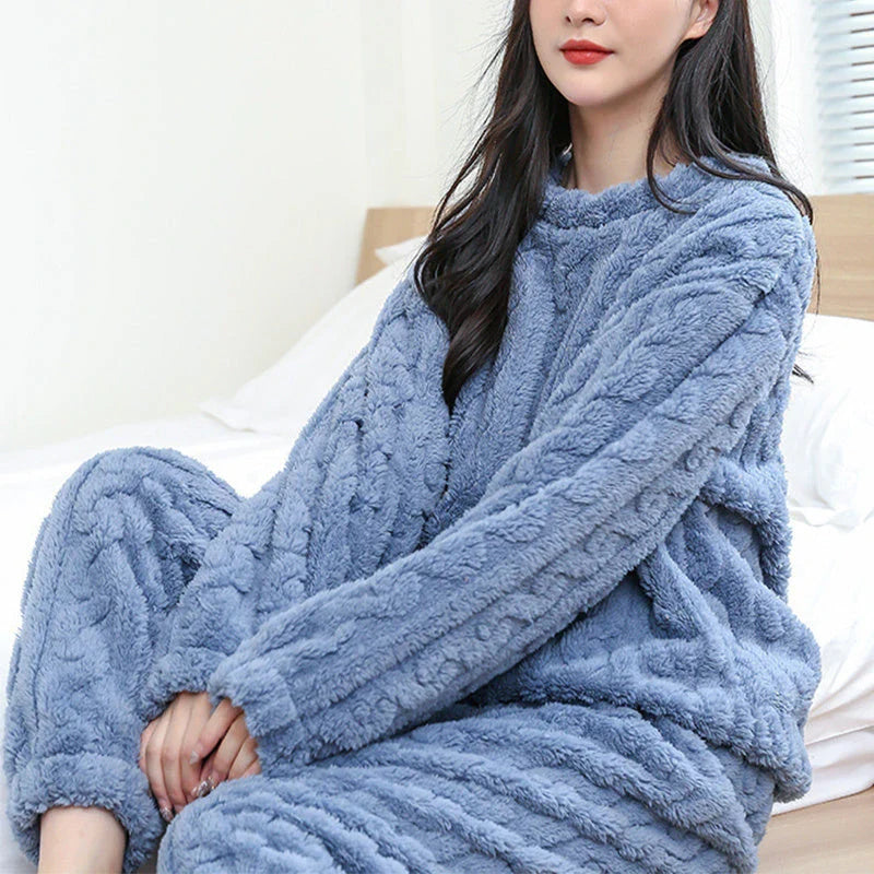 Cozy coral velvet pajama set with long sleeves and drawstring trousers for indoor and outdoor casual wear