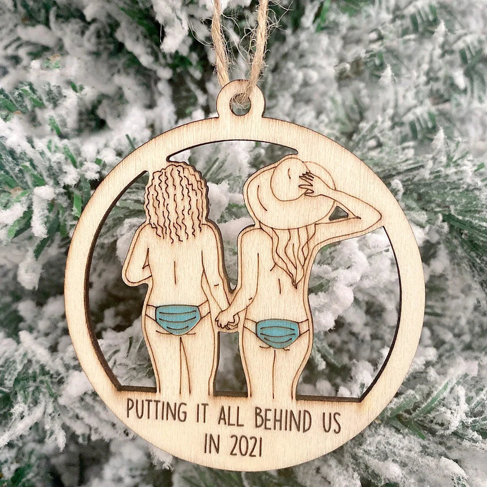 Wooden Hollowed-out Christmas Tree Pendant with snowman and deer design