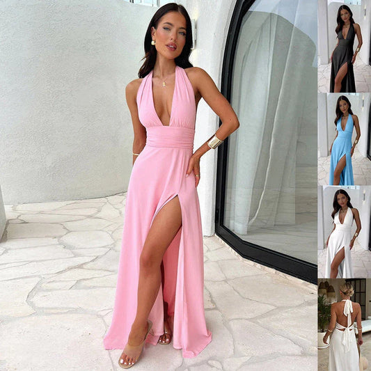 Chic backless halter neck slit dress in various colors, including pink, white, blue, black, and yellow