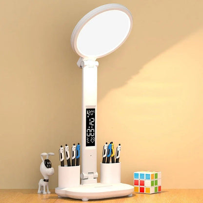 Versatile USB charging table lamp with LED clock, dimmable lighting, and detachable fan for workspace convenience and comfort