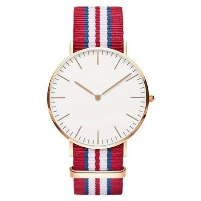 Nylon strap watch with round dial and quartz movement available in ten colours