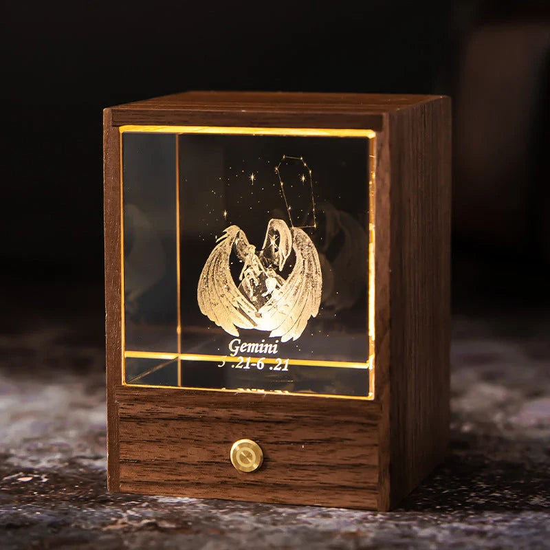 Constellation LED Table Lamp with black walnut base and 3D crystal ball, creating a starry night effect in the bedroom