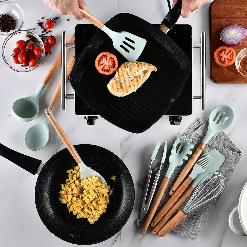 Silicone kitchenware set with wooden handles in various colors and styles, perfect for cooking, baking, and serving