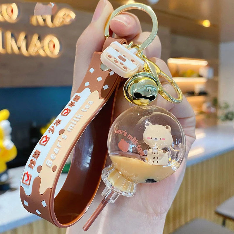 Women's pearl milk tea bear design keychain in alloy and acrylic