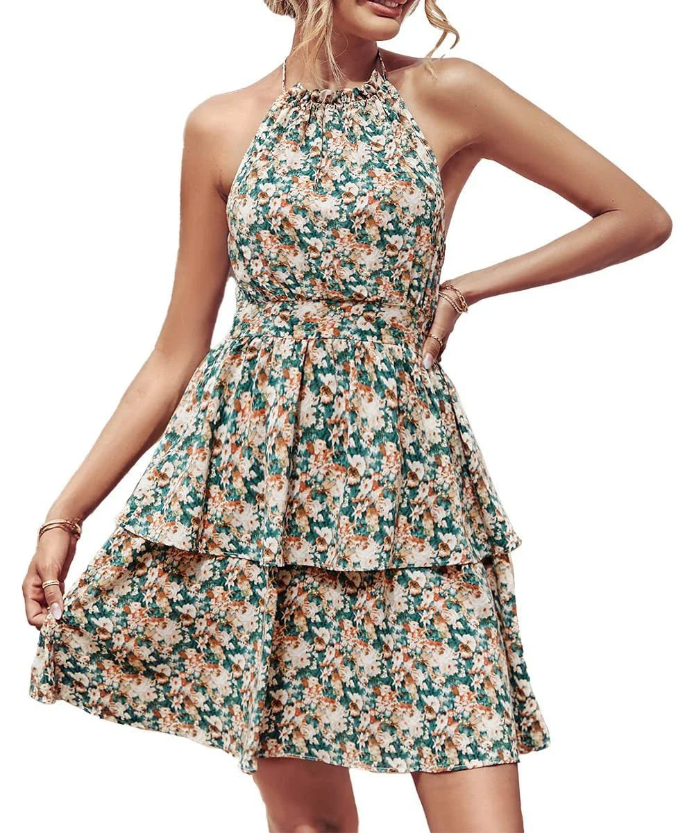 Stylish backless halter dress in various colors, featuring a ruffled A-line silhouette and comfortable polyester fabric for summer fashion