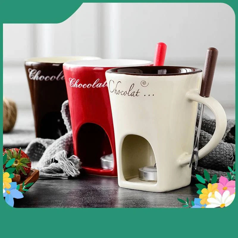 Ceramic fondue set with individual pots for making chocolate, cheese or ice cream fondues at home