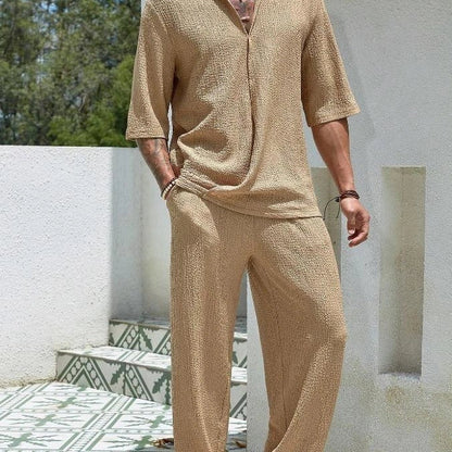 Men's summer commuter suit in cotton, short-sleeved top and loose straight trousers