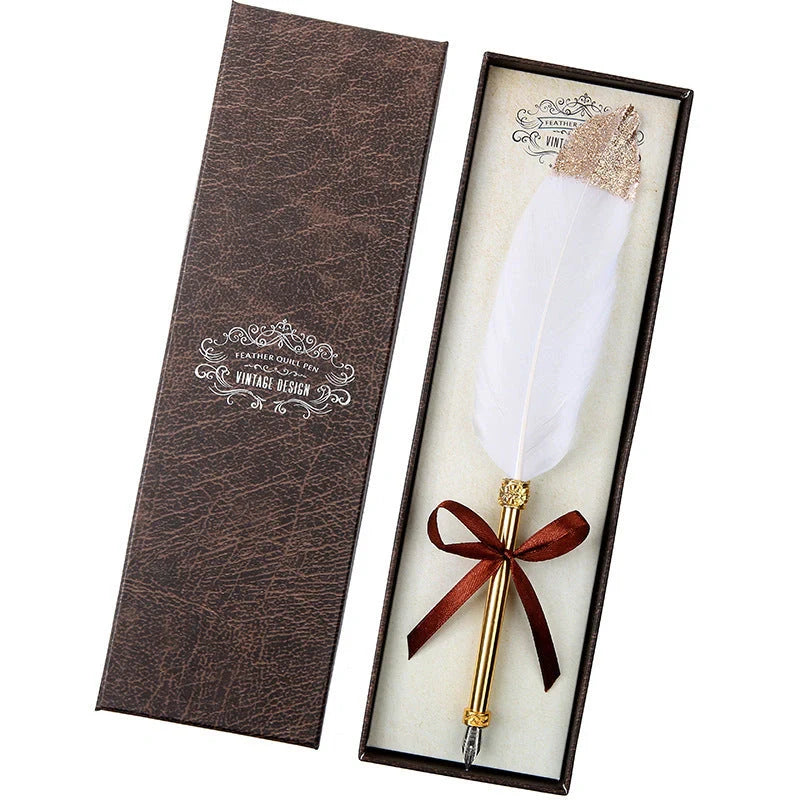 Elegant European-inspired feather pen in a luxurious gift box, showcasing its vintage-inspired design and premium stainless steel construction.