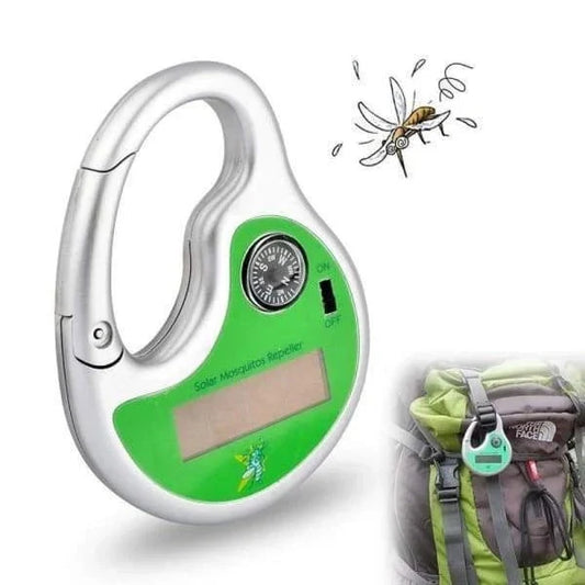 A compact, solar-powered ultrasonic mosquito repellent device with a green housing and solar panel