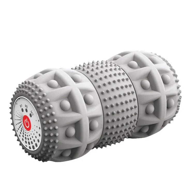 Electric deep tissue foam roller with vibrating peanut massage ball in blue-black grey