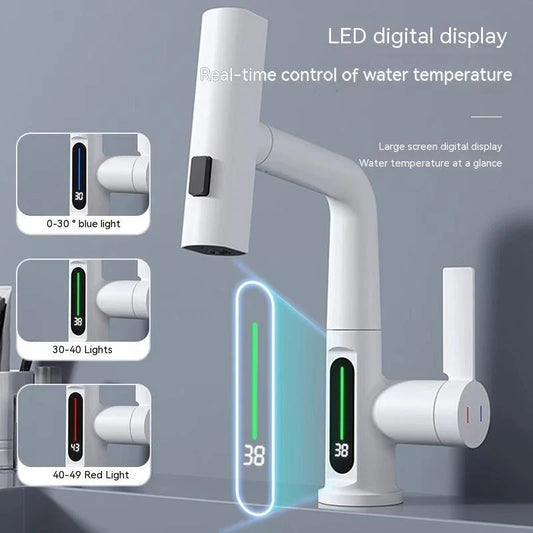 Versatile digital kitchen faucet with temperature display, 360-degree swivel, and pull-out design for enhanced maneuverability and precise water temperature control