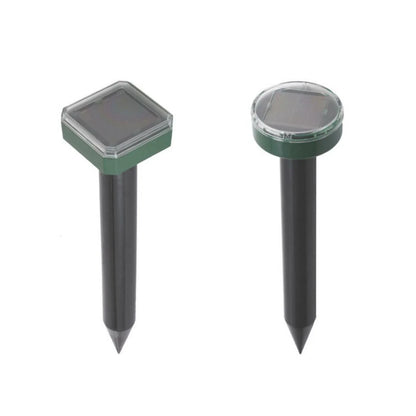 Solar-powered ultrasonic pest deterrent device for repelling moles, rats, snakes, and other burrowing pests from gardens and outdoor spaces