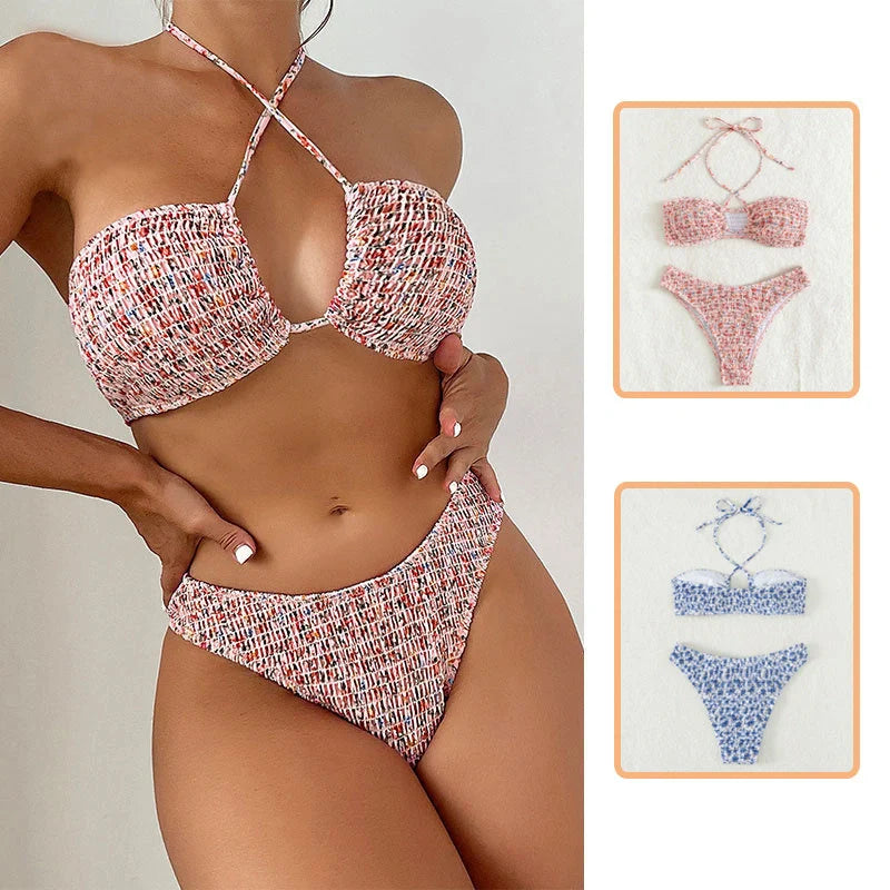 Summer flowers print pleated bikini set with halter neck in pink and blue