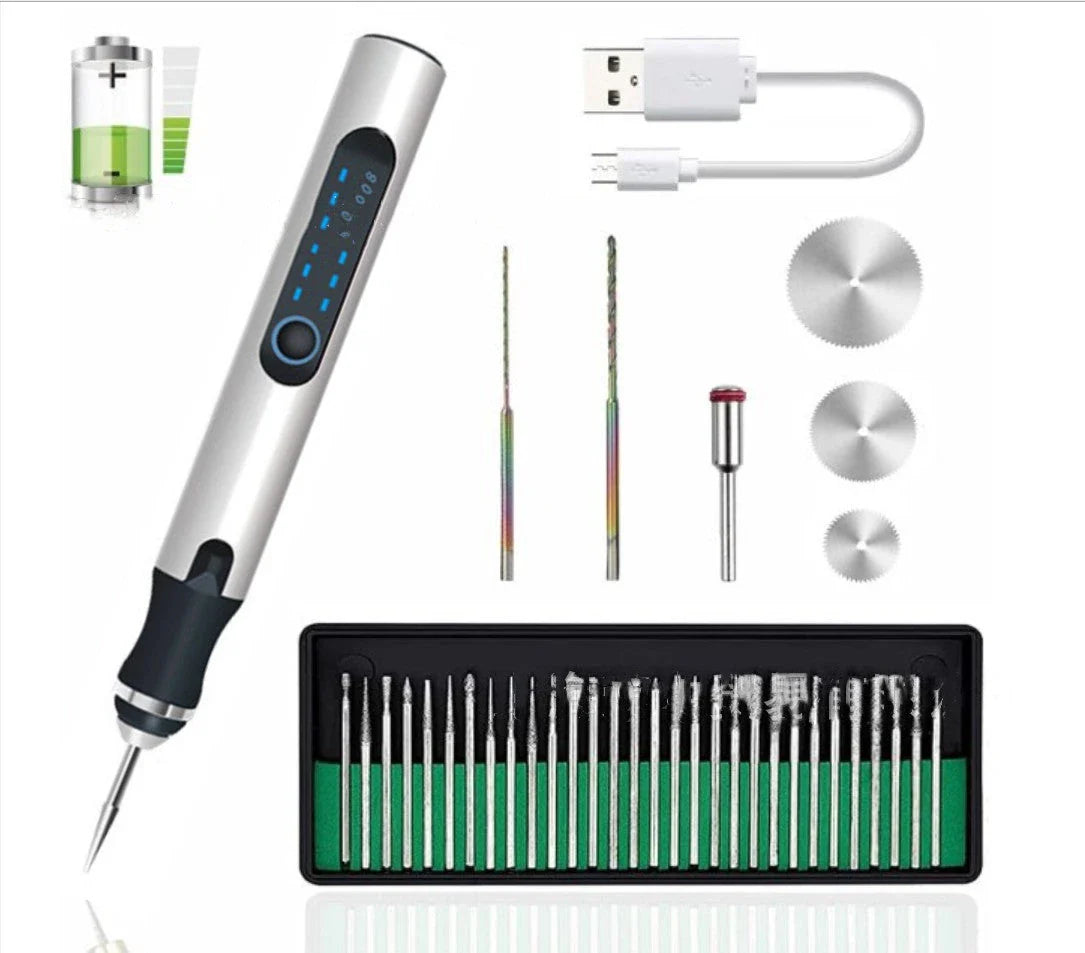 Rechargeable engraving pen with adjustable speed, mini grinder, and various accessories for personalization and crafting
