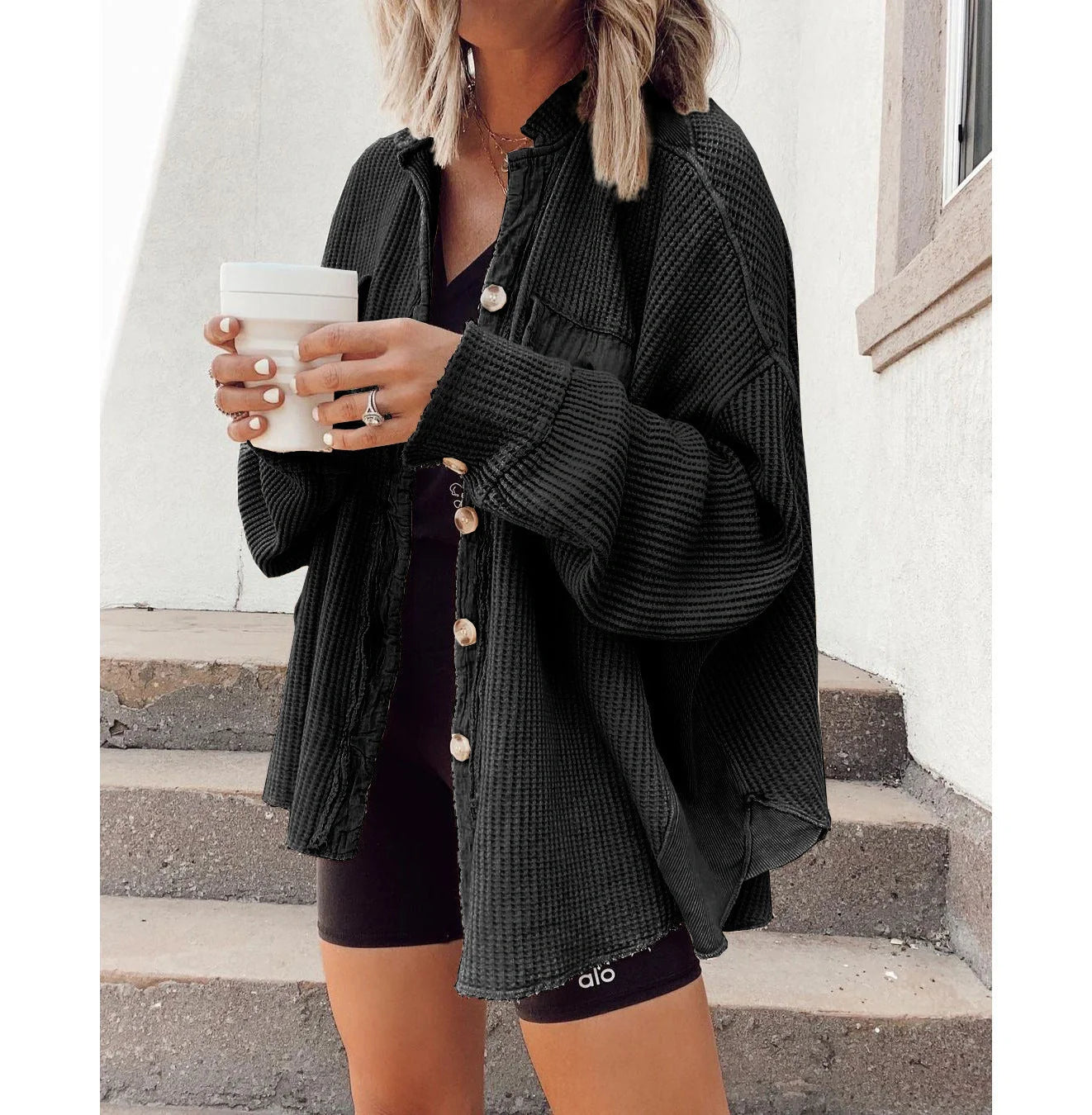 Women's button shirt jacket with lapel and long sleeves in various colours