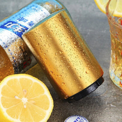 Portable magnetic automatic beer bottle opener in brushed stainless steel finish