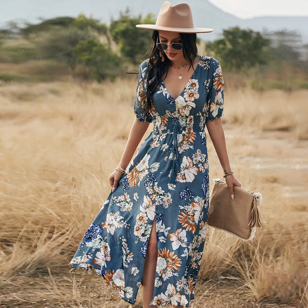 Floral summer beach dress with V-neck and elastic waist for women