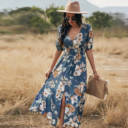 Floral summer beach dress with V-neck and elastic waist for women