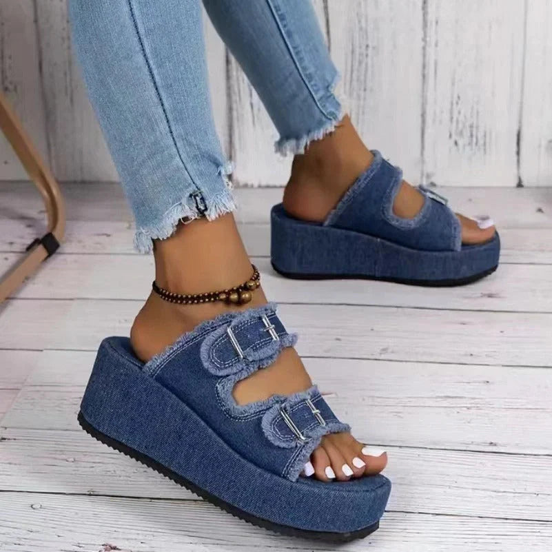 Women's denim buckle wedges sandals with thick bottom and high heel