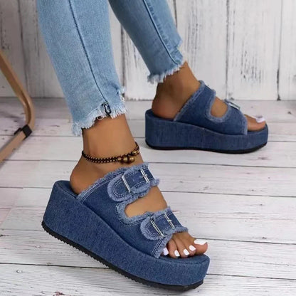 Women's denim buckle wedges sandals with thick bottom and high heel