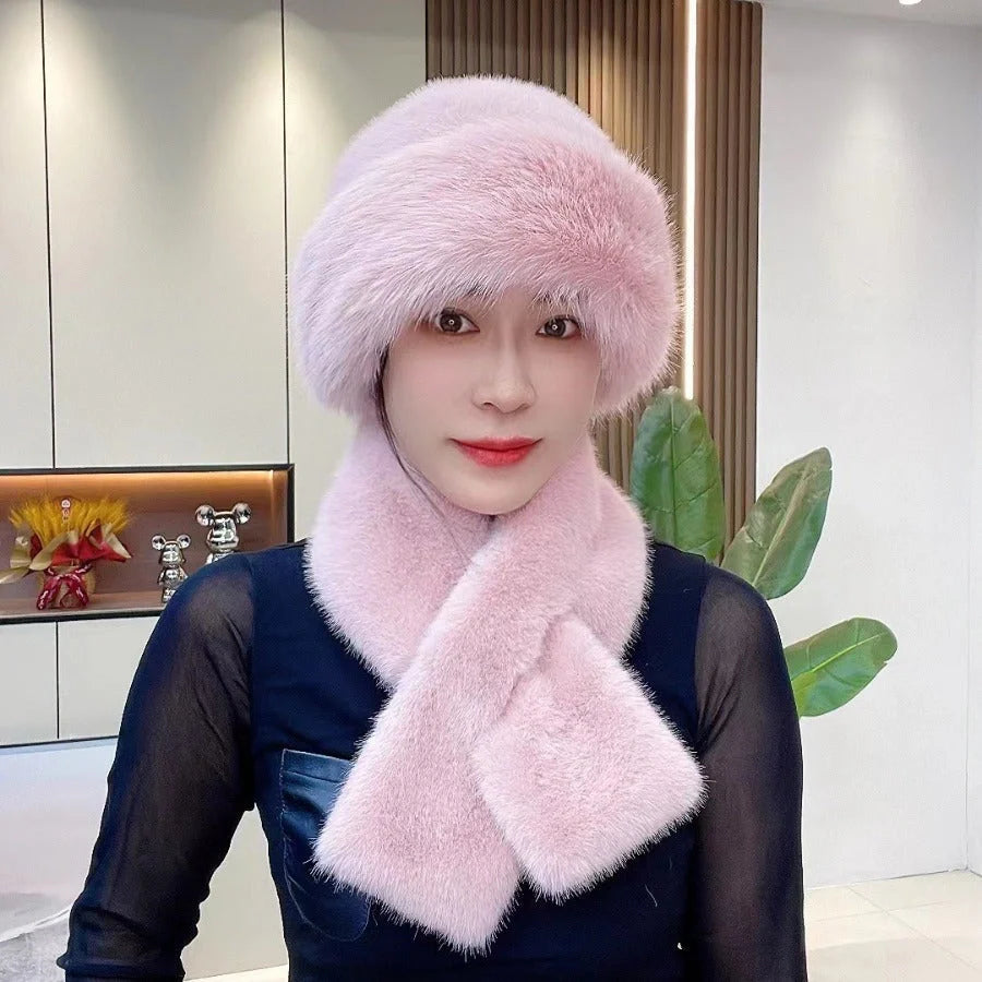 Cosy Mongolian-style unisex winter hat and scarf set in various colours, including black, white, beige, brown, pink, violet, grey, and red