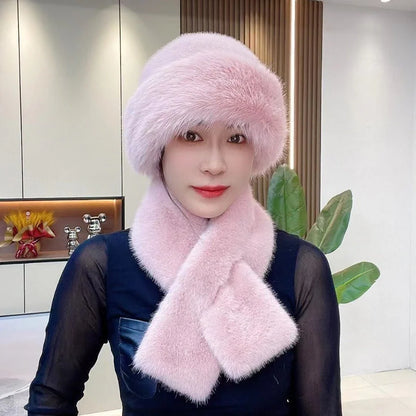 Cosy Mongolian-style unisex winter hat and scarf set in various colours, including black, white, beige, brown, pink, violet, grey, and red