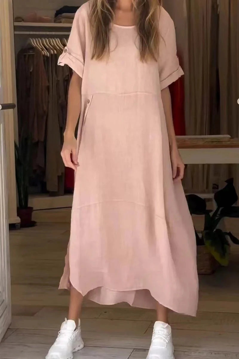 Loose casual short sleeve dress in cotton and linen with 3D effect, available in multiple colours