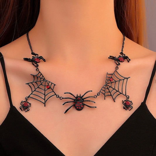 Spooky spider and spider web clavicle necklace, a must-have Halloween fashion accessory with adjustable length and captivating design.