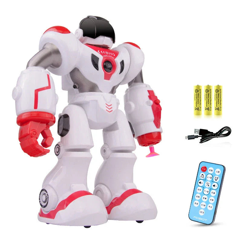 Remote-controlled dancing robot toy with gesture-sensing controls, preprogrammed songs and dances, and customizable programming capabilities