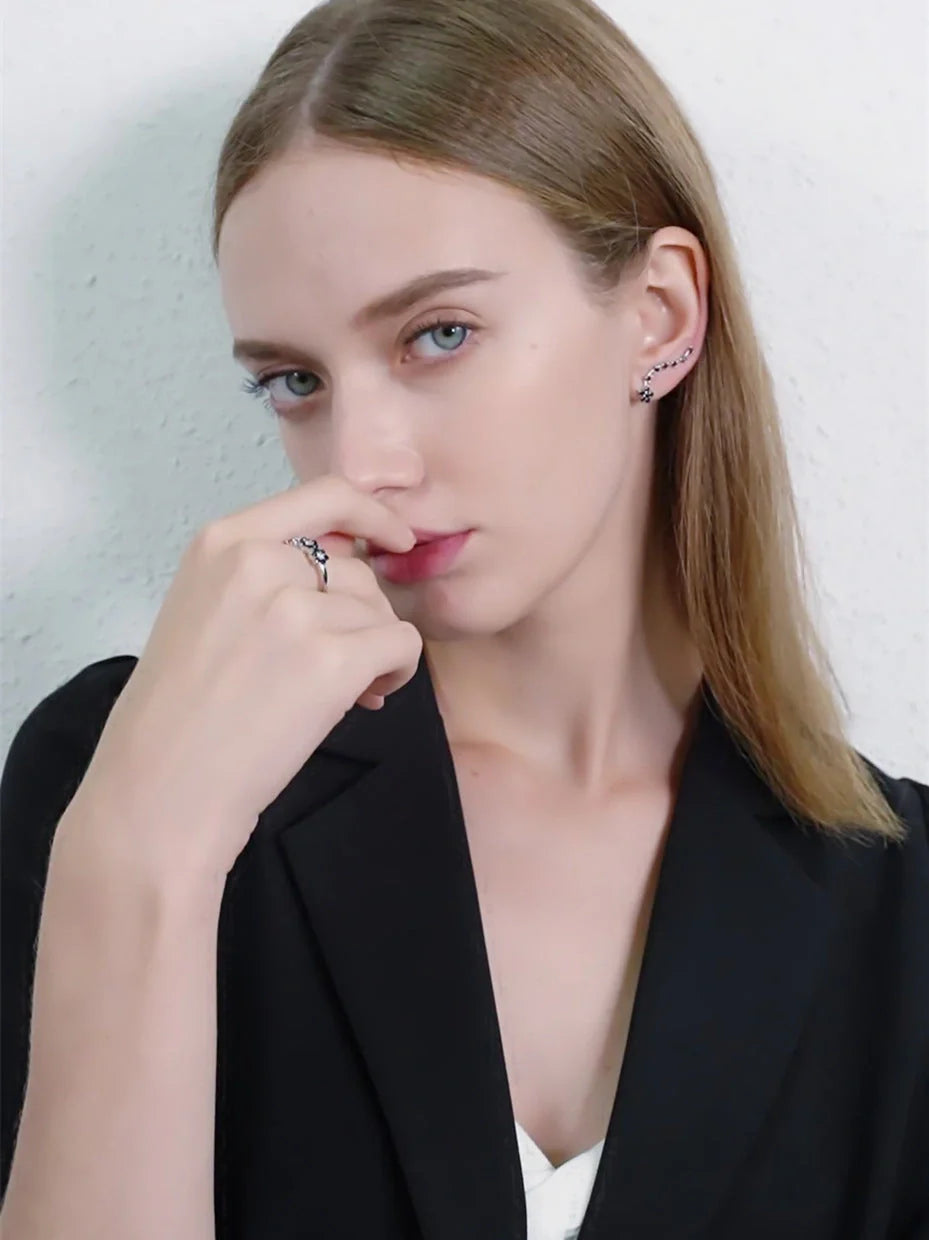 Women's long fringed zircon earrings in black with floral design