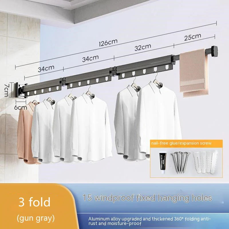 Aluminium suction cup folding clothes hanger with retractable drying rack for space-saving laundry drying