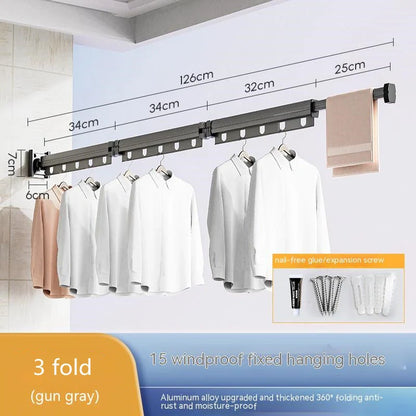 Aluminium suction cup folding clothes hanger with retractable drying rack for space-saving laundry drying