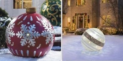 Inflatable Christmas baubles in various festive designs for outdoor holiday decoration