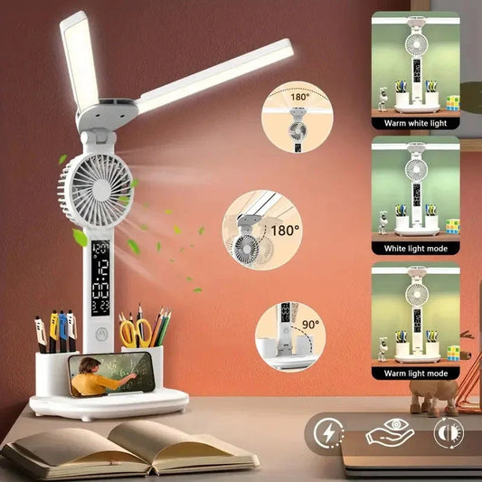 Foldable LED desk lamp with fan, thermometer, and pen holder on a tidy desk