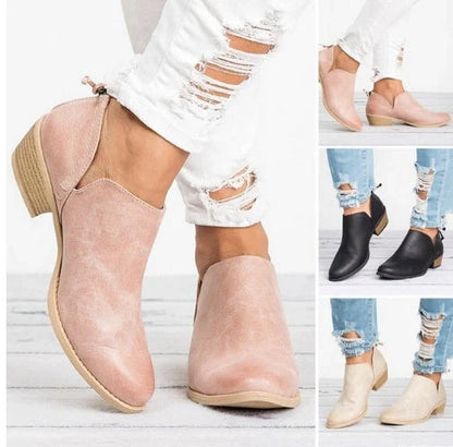 Stylish retro high heel ankle boots for women in pink, black, and beige