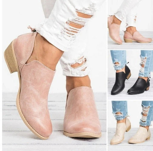 Stylish retro high heel ankle boots for women in pink, black, and beige