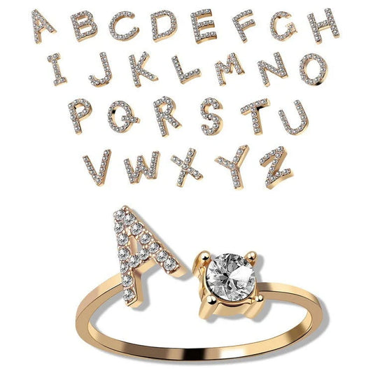 Customizable adjustable ring with 26 letters for women, featuring zircon stones and copper alloy construction