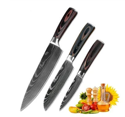 Premium 8-Piece Damascus Steel Kitchen Knife Set with Razor-Sharp Blades and Ergonomic Wooden Handles