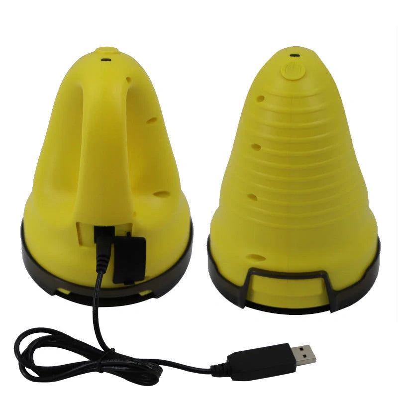 Electric snow scraper with yellow body and rotating disc for ice removal