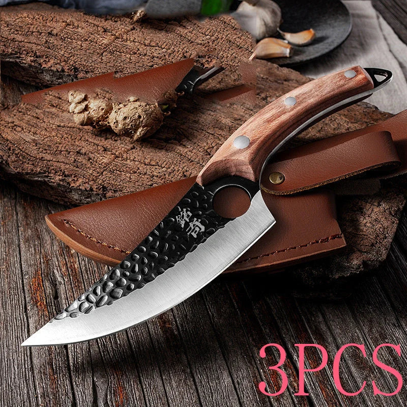 Forged stainless steel boning knife with ergonomic handle and leather sheath