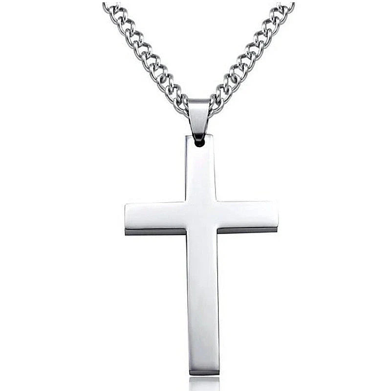 Stainless steel cross pendant necklace in black, silver, and gold colours, showcasing a classic and elegant design