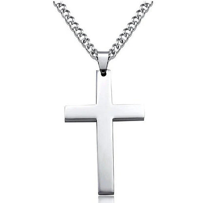 Stainless steel cross pendant necklace in black, silver, and gold colours, showcasing a classic and elegant design