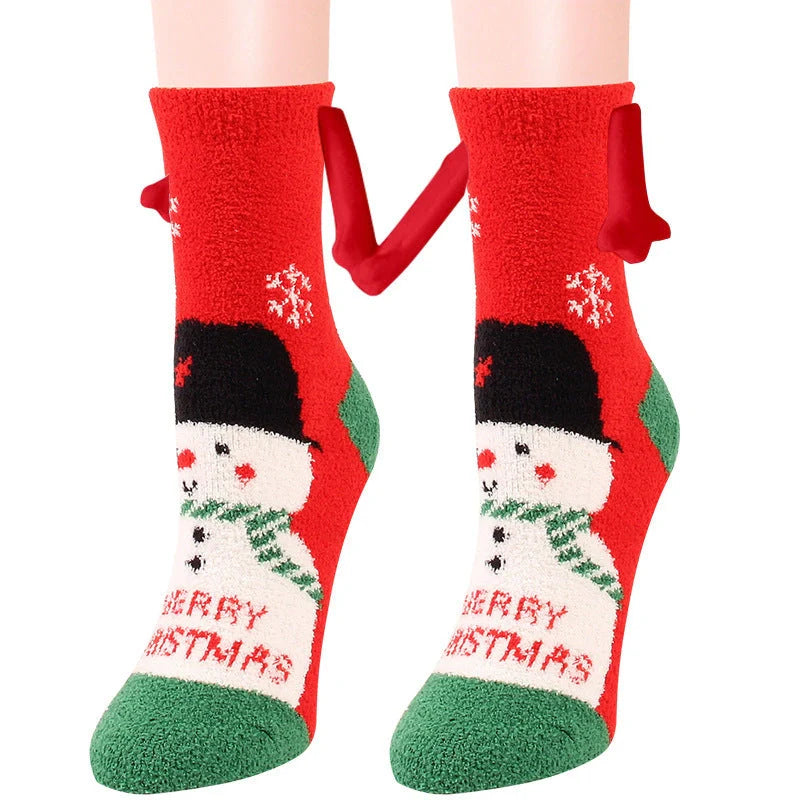 Christmas couple socks with magnetic suction feature for hand holding, festive 3D animal patterns