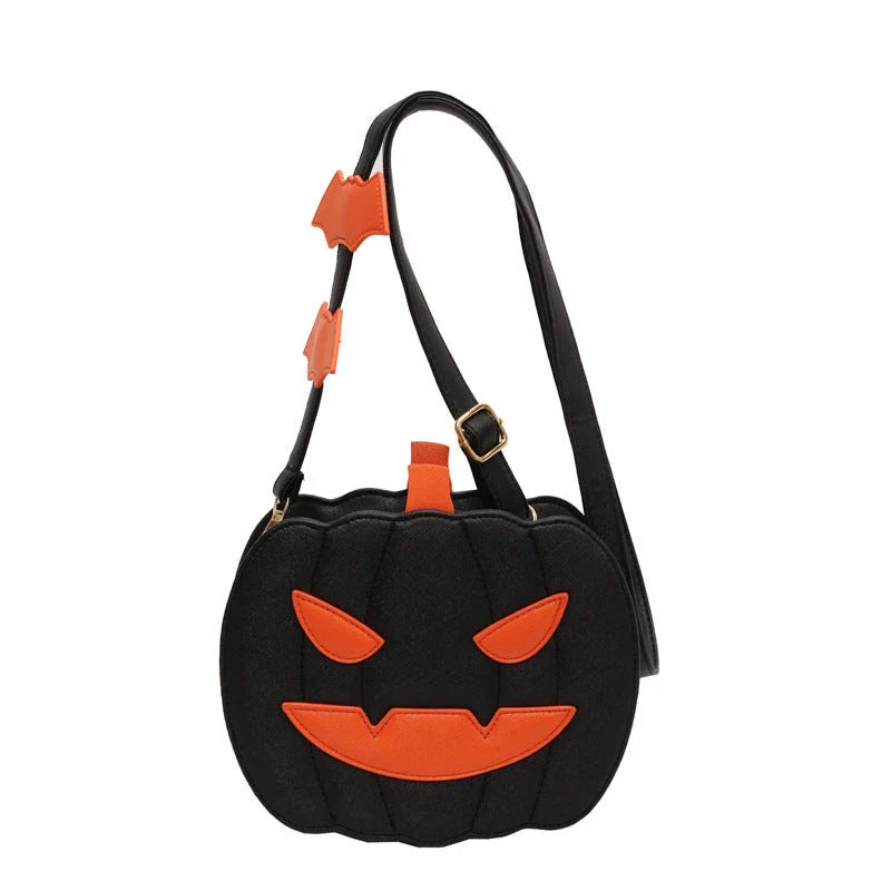 Stylish Halloween shoulder bag with pumpkin cartoon and bat design, available in various color options