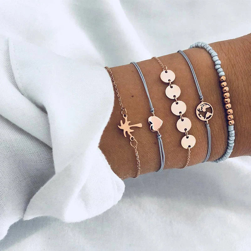 Bead Chain Bracelet Set featuring star and moon design in alloy material