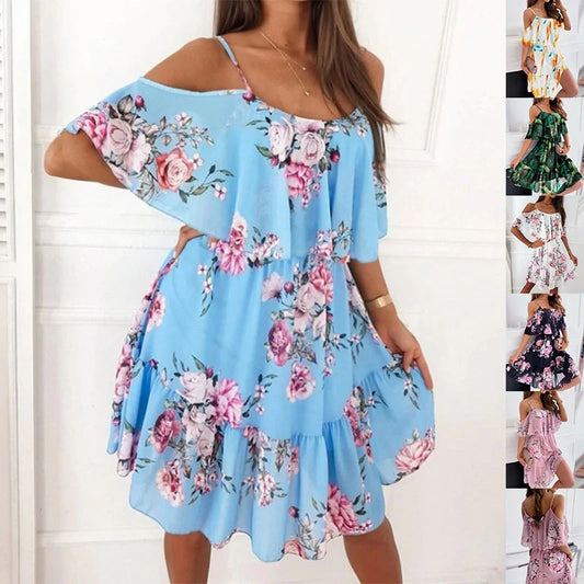 Flower printed ruffled suspender dress for women in summer